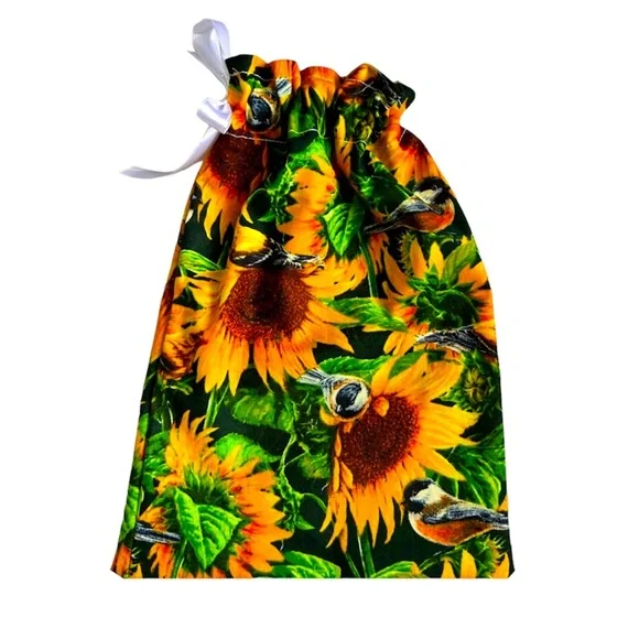 Hand Crafted Sunflower Reusable Fabric Gift Bag Drawstring Ribbon Eco Friendly - Picture 3 of 6